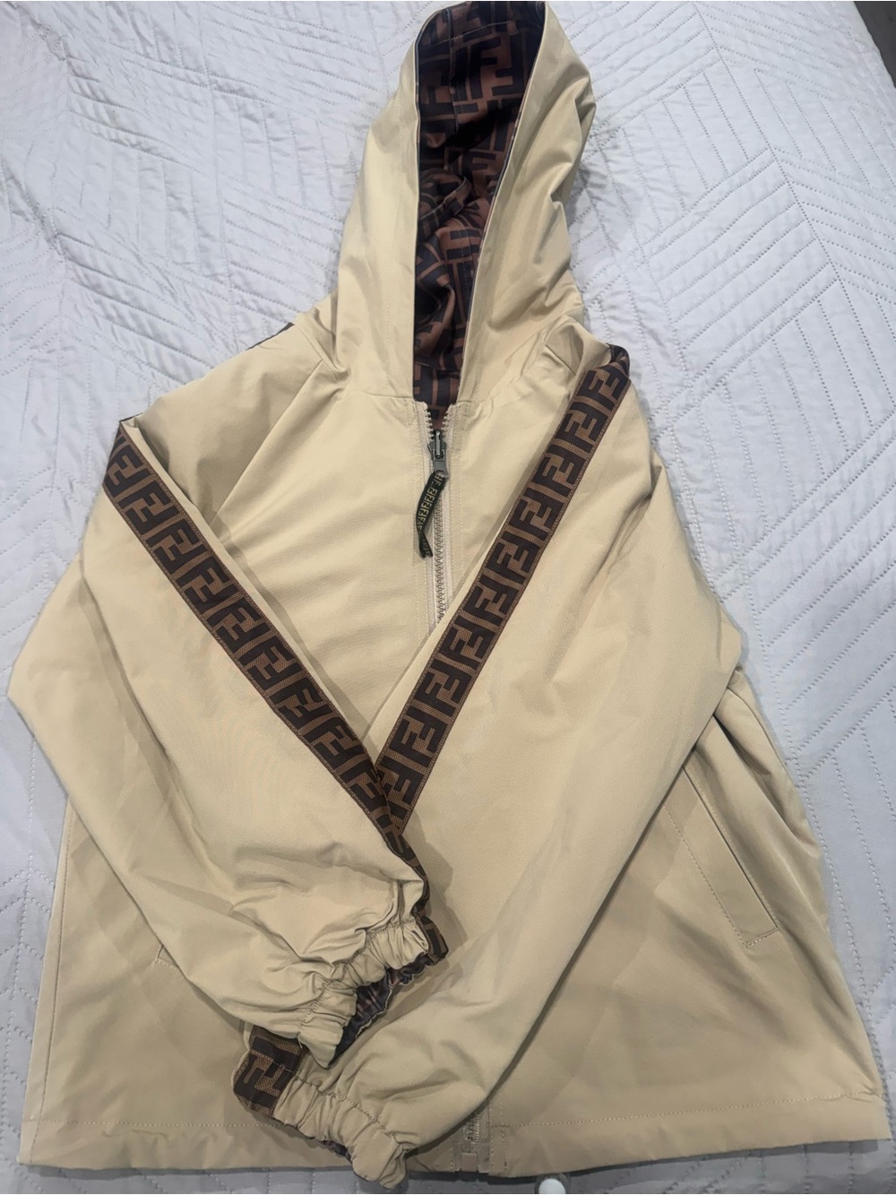 Fendi Beige Hooded Jacket with Brown FF Trim